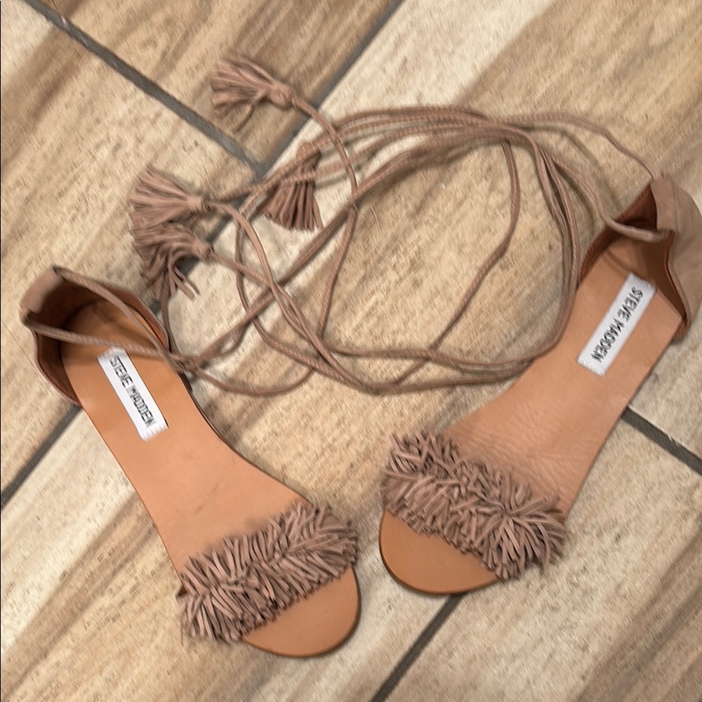 Steve Madden Tan Lace-Up Fringe Sandals